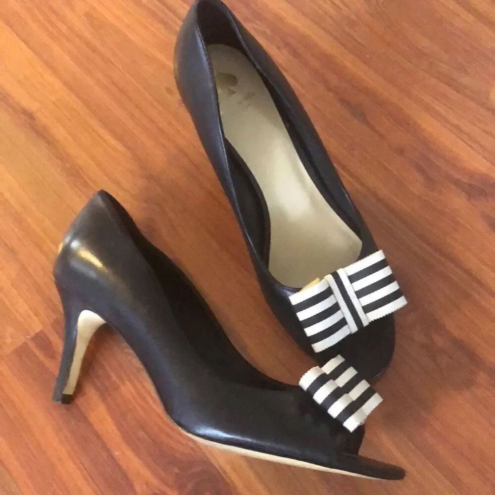 Kate Spade Black heels pumps with peep toe and Black and white bow 8